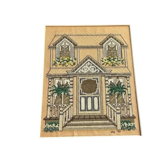 Vintage Cross Stitch Victorian House With Ferns Signed Dated - Picture 7 of 11
